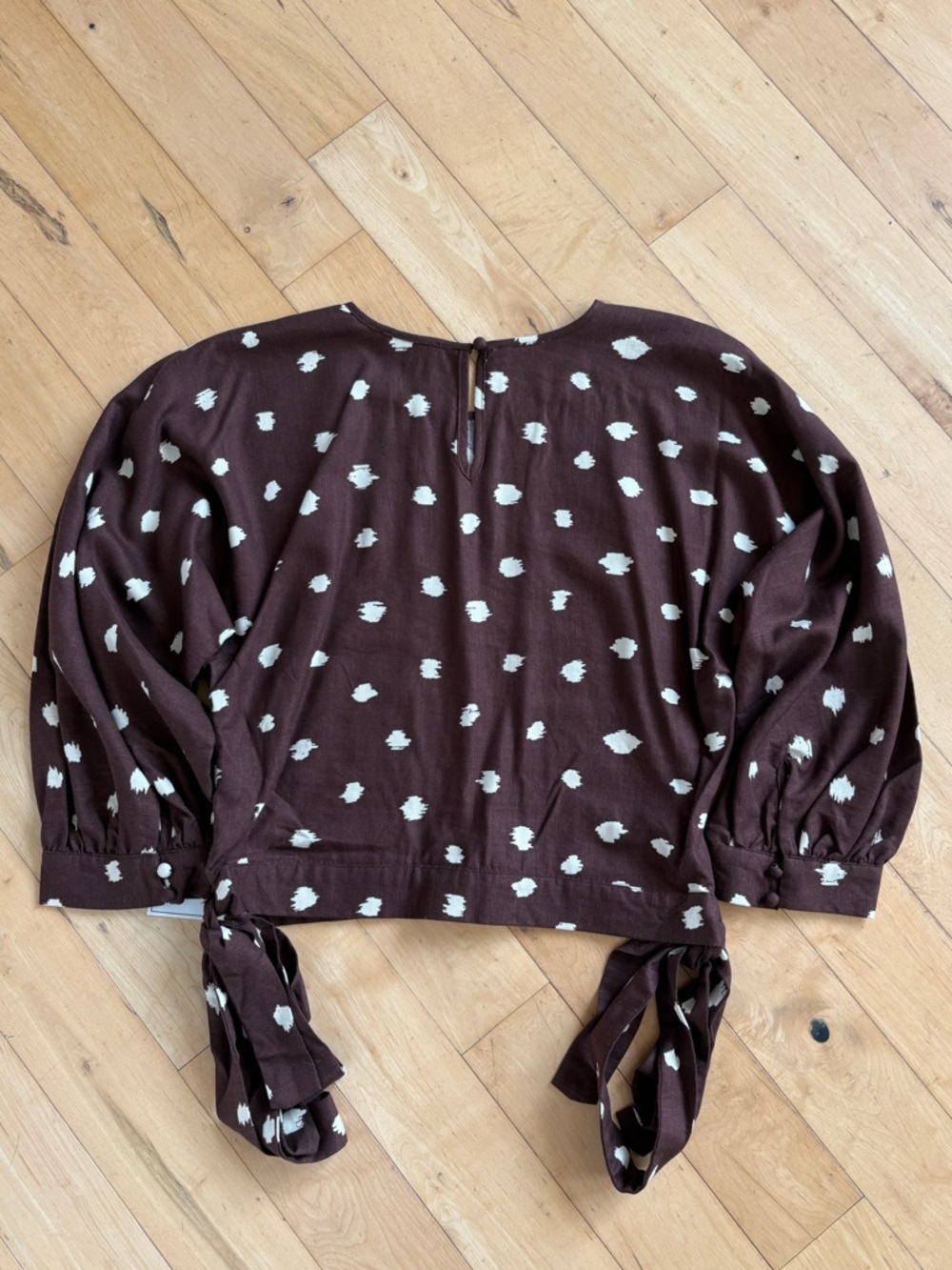 1.STATE Polka Dot Brown & White Side Ties Cropped Rayon Linen Top Size XS - Picture 3 of 12